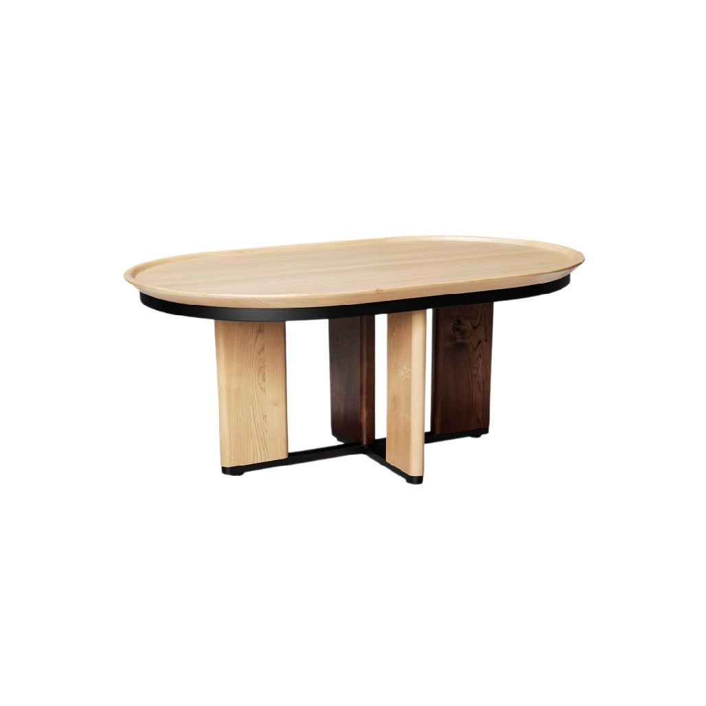 **Dutch Technical Title:** **Moderne ovale houten tafel met stalen basis**