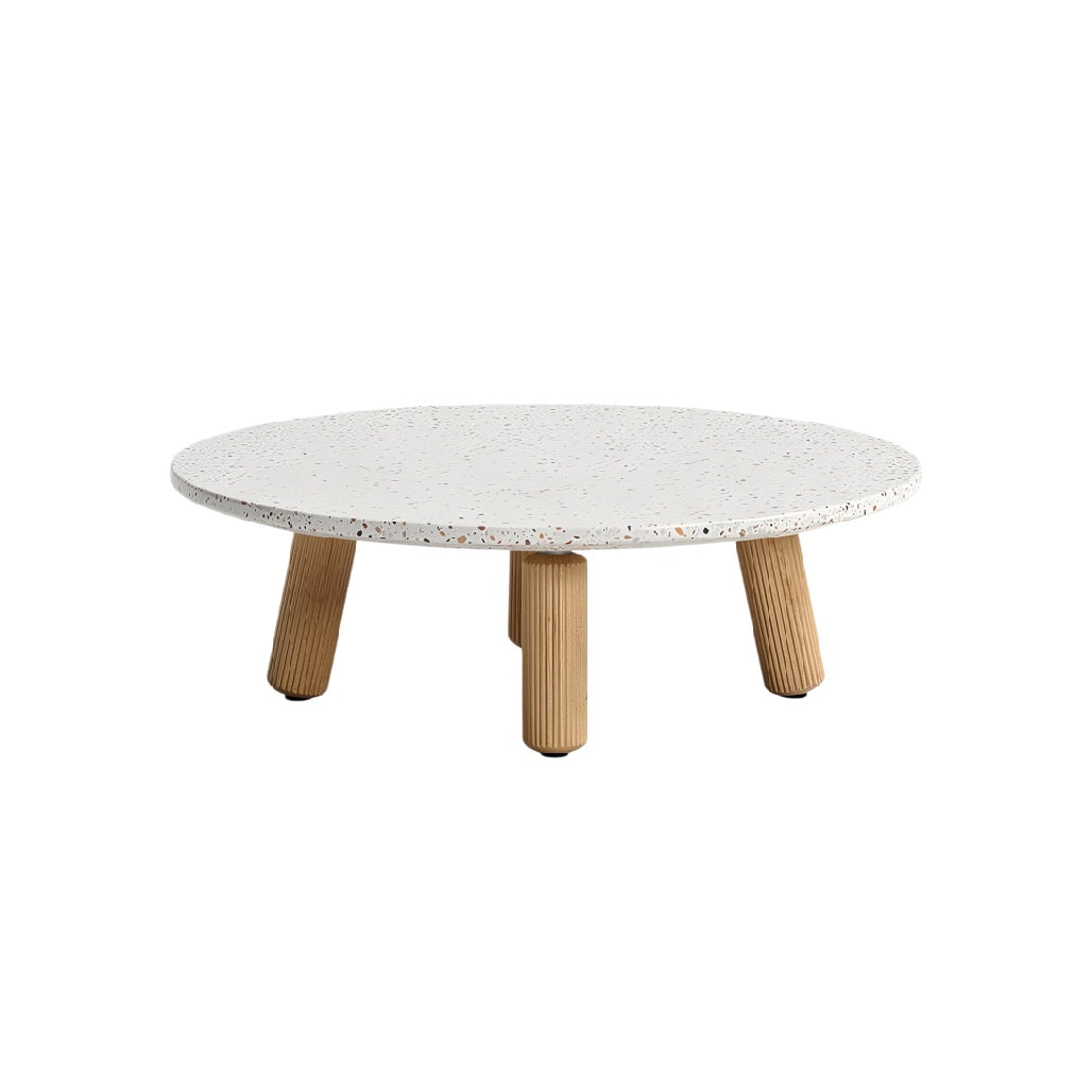 Moderne ronde salontafel met spekstenen oppervlak en houten poten**
