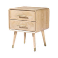 ** Modern nachtkastje met twee lades van licht hout en gouden handgrepen