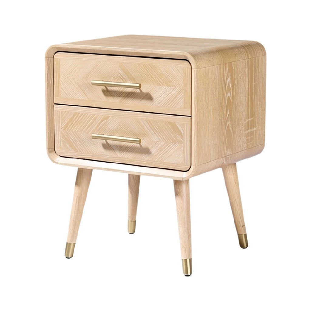 ** Modern nachtkastje met twee lades van licht hout en gouden handgrepen
