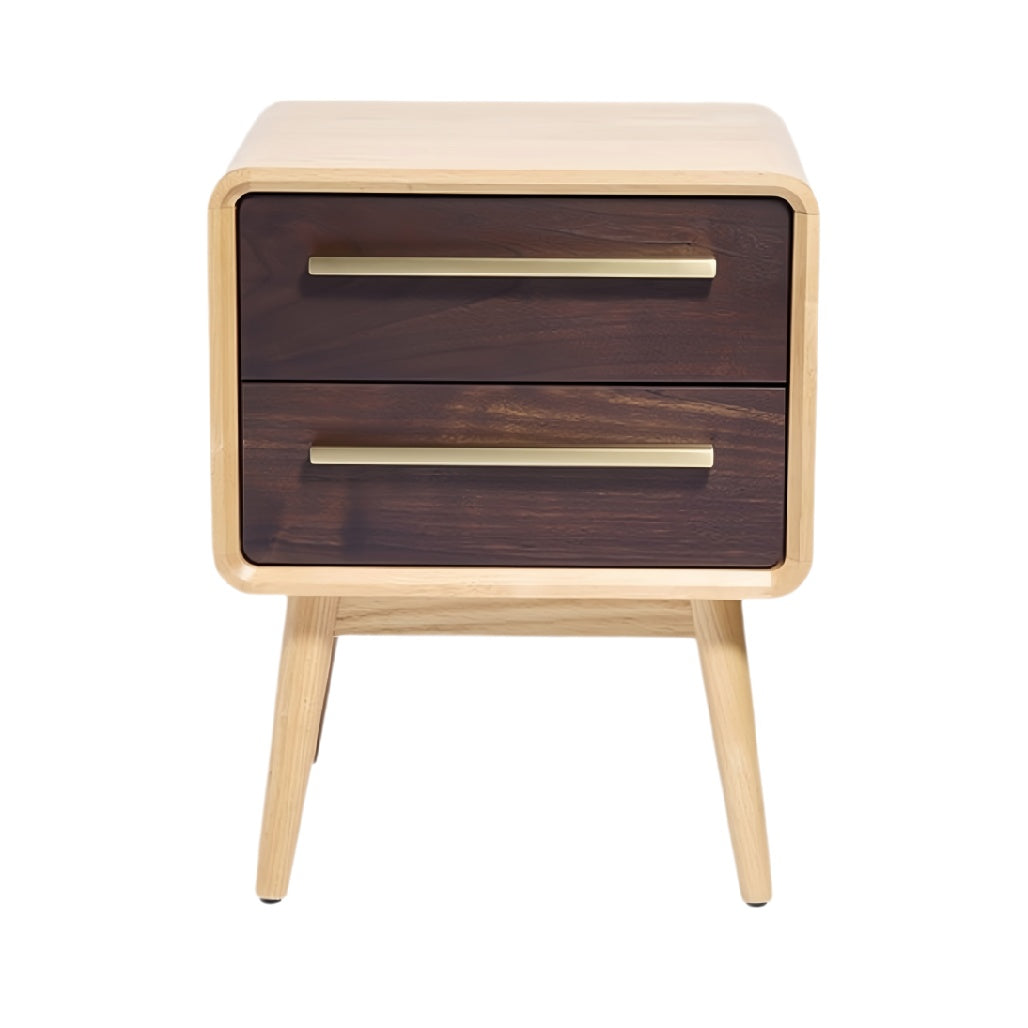 **Moderne nachtkast met twee lades en gouden handgrepen**.